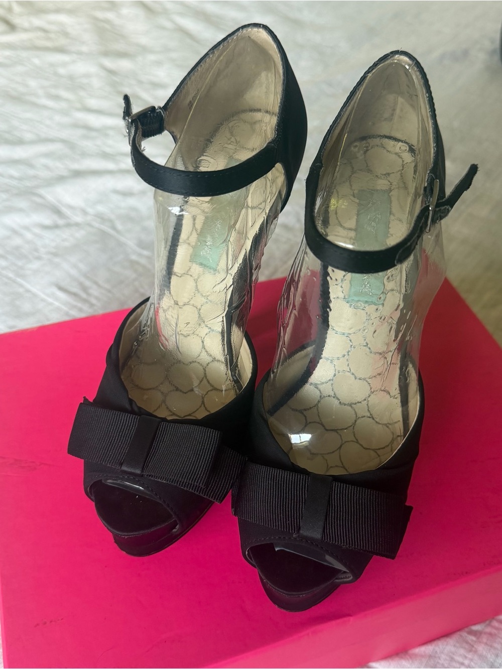 Black Betsey Johnson Peep-Toe Platform Heels with Ankle Strap